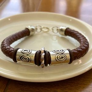 Braided Leather Bracelet with Barrel Bead Accents